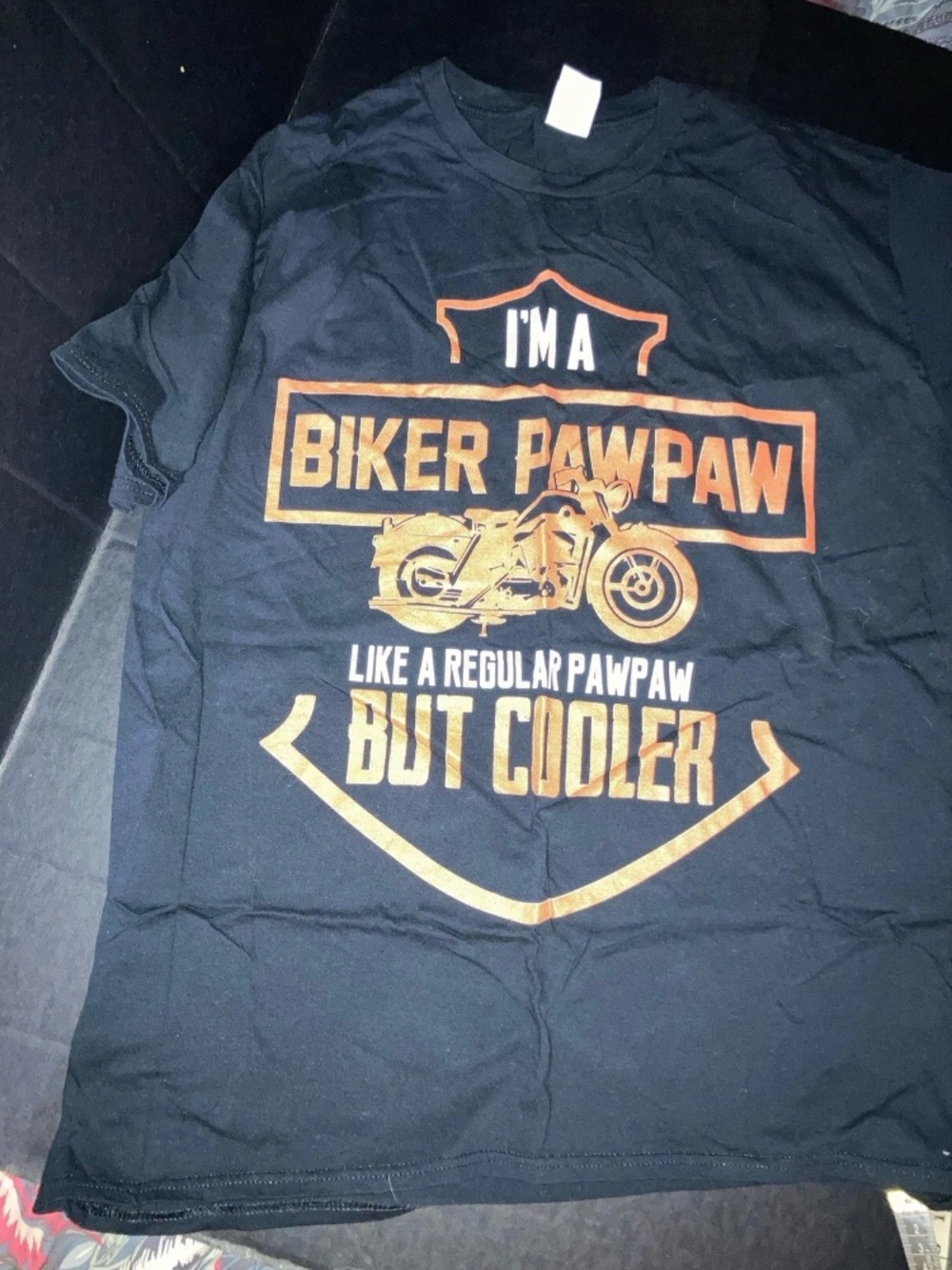 Black T-Shirt with Gold Motorcycle Graphic - "I'm a Biker Pawpaw"